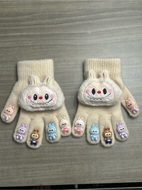 Kids Cream Labubu style  Character Gloves